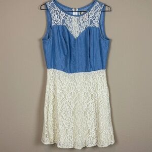 Flying Tomato Dainty Denim and Cream Lace Sleeveless Back Zip Closure Mini Dress